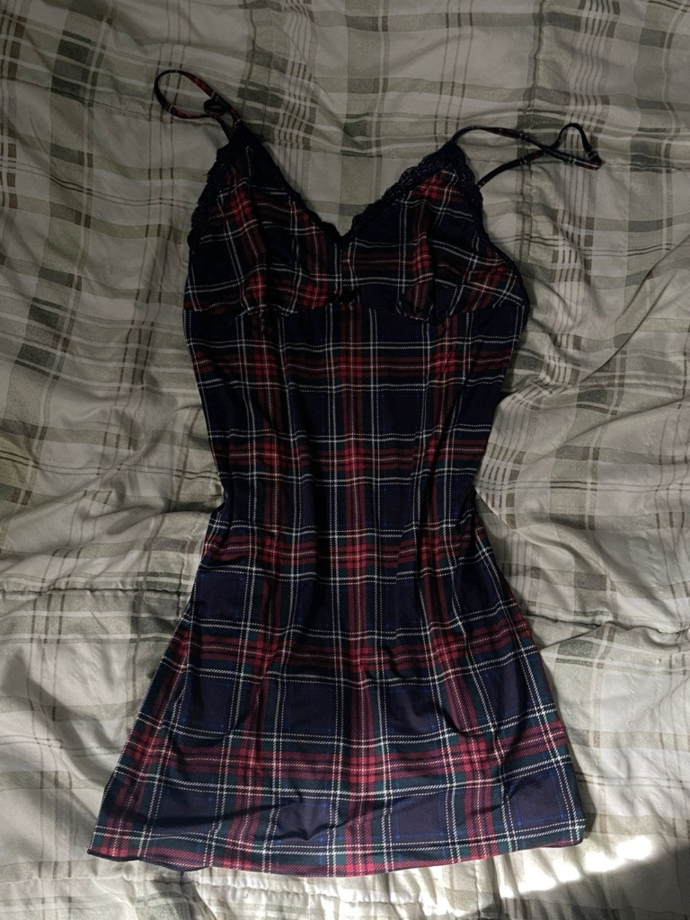 La Vie En Rose Red Blue Plaid Top with Lace Trim
